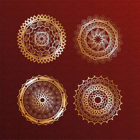 set of gold mandalas on red background design of Bohemic ornament indian and decoration theme Vector illustrationのイラスト素材