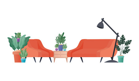 red couch and chair with plants design, Home room decoration interior living building apartment and...