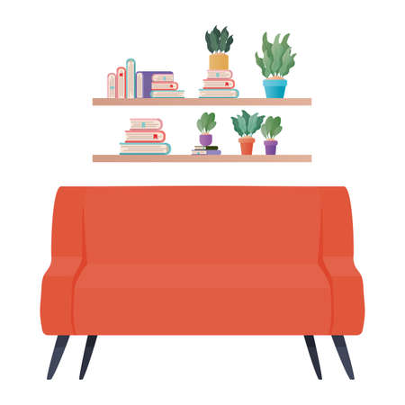 red couch under shelves design, Home room decoration interior living building apartment and residential theme Vector illustrationのイラスト素材