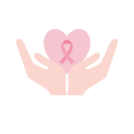 ribbon in heart over hands flat style icon design, breast cancer awareness campaign and prevention theme Vector illustrationのイラスト素材
