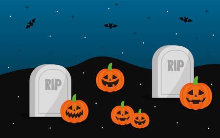 Halloween pumpkins cartoons with graves and bats design, Holiday and scary theme Vector illustrationのイラスト素材