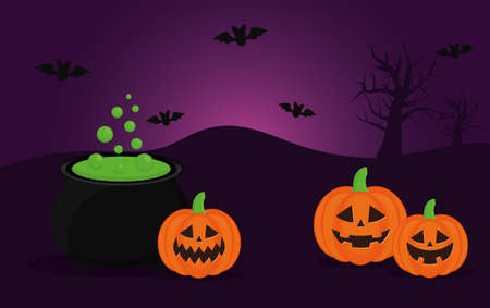 Halloween pumpkins cartoons with witch bowl and bats design, Holiday and scary theme Vector illustrationのイラスト素材