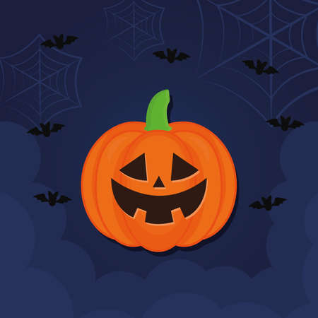 Halloween pumpkin cartoon with bats and spiderwebs design, Holiday and scary theme Vector illustrationのイラスト素材