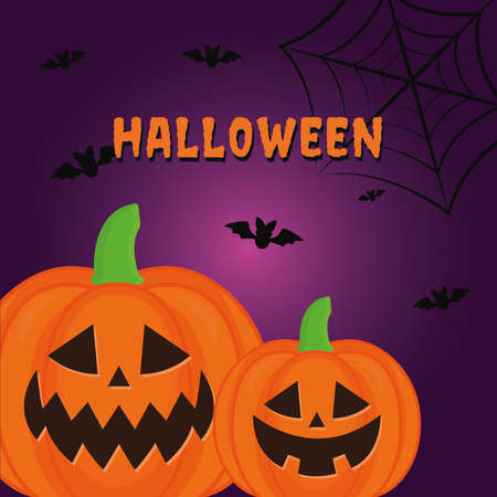 Halloween pumpkin cartoon with bats and spiderweb design, Holiday and scary theme Vector illustrationのイラスト素材