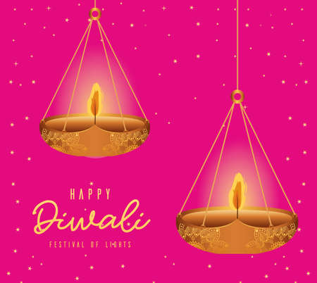 Happy diwali hanging candles on pink background design, Festival of lights theme Vector illustrationのイラスト素材