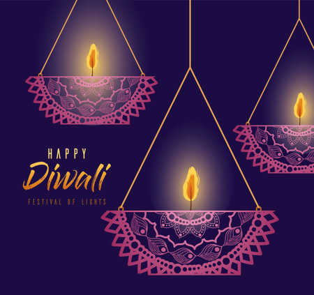 Happy diwali hanging mandalas candles on purple background design, Festival of lights theme Vector illustrationのイラスト素材