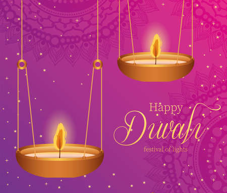 Happy diwali hanging candles on pink background design, Festival of lights theme Vector illustrationのイラスト素材