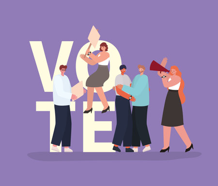 Women and men cartoons with vote banner and megaphone on purple background design, Vote elections...
