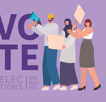 Women and man cartoons with vote banners and megaphone design, Vote elections day and government theme Vector illustrationのイラスト素材