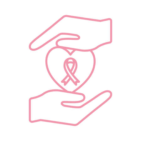 ribbon in heart between hands line style icon design, breast cancer awareness campaign and prevention theme Vector illustrationのイラスト素材