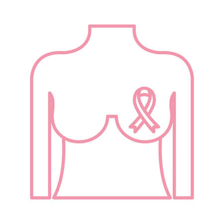 breast female with ribbon line style icon design, breast cancer awareness campaign and prevention theme Vector illustrationのイラスト素材