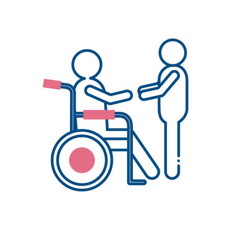 man helping other on wheelchair line style icon of Handicapped disability and medical theme Vector illustrationのイラスト素材