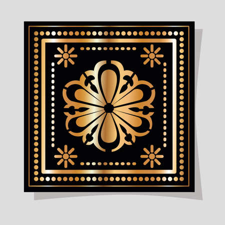 Mexican gold and black flower in frame design, Mexico culture tourism landmark latin and party theme Vector illustrationのイラスト素材