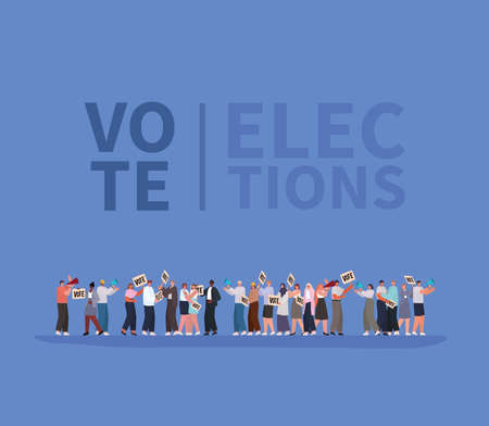Women and men cartoons with vote banners and megaphones on blue background design, Vote elections day theme Vector illustrationのイラスト素材