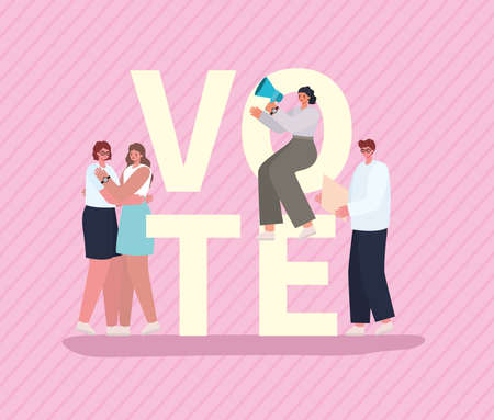 Women and man cartoons with vote banners and megaphone on pink background design, Vote elections day and government theme Vector illustrationのイラスト素材