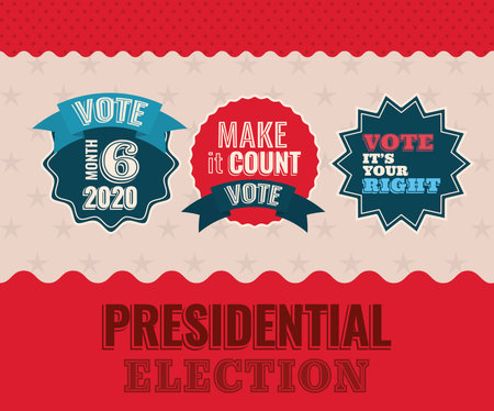 three vote seal stamps with ribbons on starry background design, President election government and...