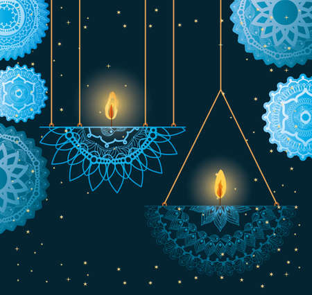 Happy diwali hanging candles with blue mandalas design, Festival of lights theme Vector illustrationのイラスト素材