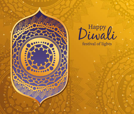 Happy diwali mandala in frame on yellow background design, Festival of lights theme Vector illustrationのイラスト素材