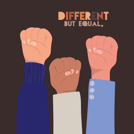 different but equal and diversity skins fists hands up design, people multiethnic race and community theme Vector illustrationのイラスト素材
