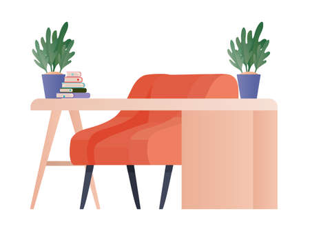 desk with chair books and plants design, Office object workforce corporate and job theme Vector illustrationのイラスト素材