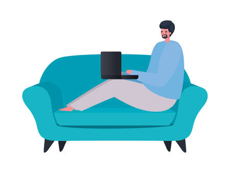 Man with laptop on couch working design of Work from home theme Vector illustrationのイラスト素材