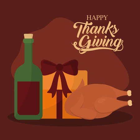 happy thanksgiving day with gift wine and chicken design, Autumn season holiday greeting and traditional theme Vector illustrationのイラスト素材