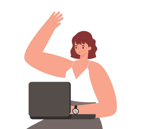 brown hair woman cartoon with laptop working design of Work from home theme Vector illustrationのイラスト素材