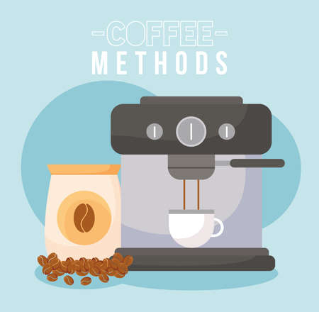 coffee methods with machine cup and beans bag design of drink caffeine breakfast and beverage theme Vector illustrationのイラスト素材