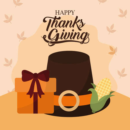 happy thanksgiving day with hat gift corn and leaves design, Autumn season holiday greeting and traditional theme Vector illustrationのイラスト素材