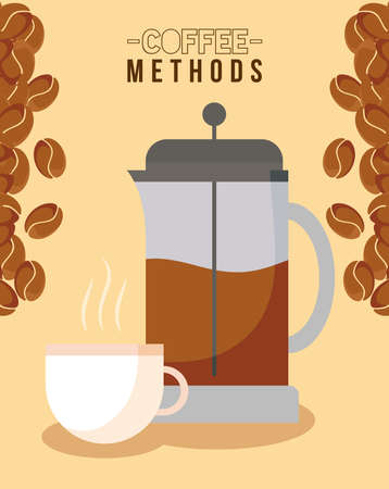 coffee methods with french press cup and beans design of drink caffeine breakfast and beverage theme Vector illustrationのイラスト素材