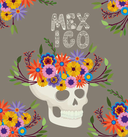 skull with flowers and mexico text design, Mexican culture tourism landmark latin and party theme Vector illustrationのイラスト素材