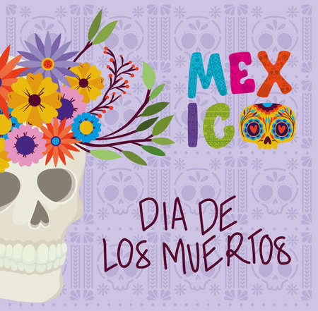 skull with flowers and mexico day of the dead design, Mexican culture tourism landmark latin and party theme Vector illustrationのイラスト素材