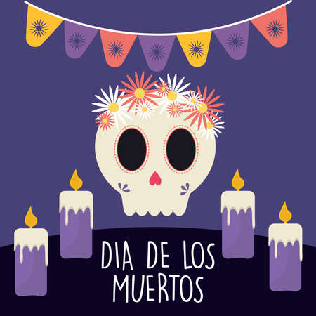 Mexican day of the dead skull with flowers and candles design, Mexico culture theme Vector illustrationのイラスト素材