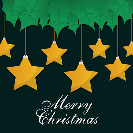 merry christmas stars hanging with leaves design, winter season and decoration theme Vector illustrationのイラスト素材