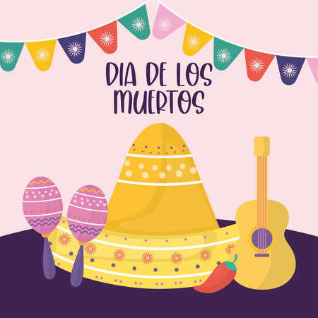 Mexican day of the dead maracas hat and guitar design, Mexico culture theme Vector illustrationのイラスト素材