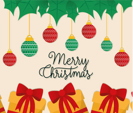 merry christmas gifts with spheres hanging design, winter season and decoration theme Vector illustrationのイラスト素材