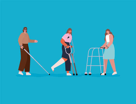 disability women cartoons with cane leg cast crutches and walker Inclusion diversity and health care theme Vector illustrationのイラスト素材