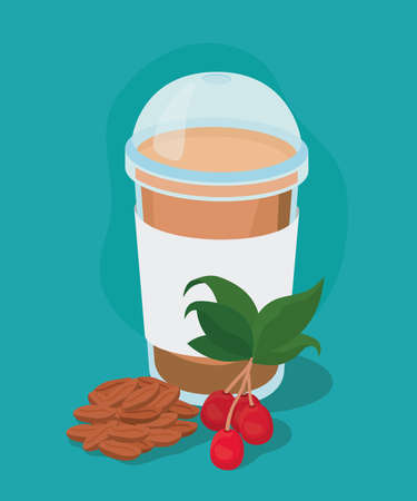 iced coffee mug with berries leaves and beans design of drink caffeine breakfast and beverage theme Vector illustrationのイラスト素材