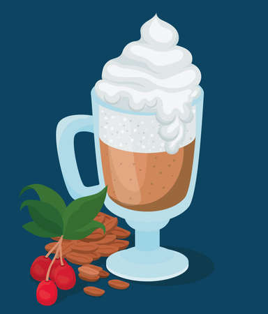 iced coffee cup with cream berries leaves and beans design of drink caffeine breakfast and beverage theme Vector illustrationのイラスト素材