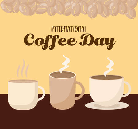 international coffee day with three mugs cup and beans design of drink caffeine breakfast and beverage theme Vector illustrationのイラスト素材