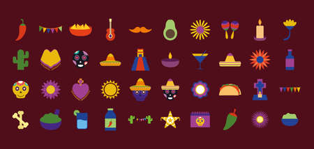 Mexican flat style symbol set design, Mexico culture theme Vector illustrationのイラスト素材
