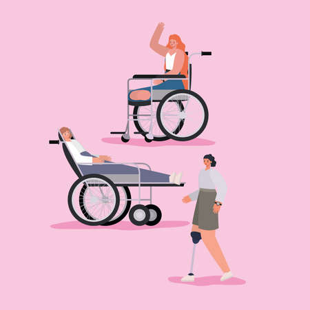 disability women cartoons with wheelchair and prosthesis of Inclusion diversity and health care theme Vector illustrationのイラスト素材