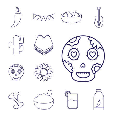 Mexican line style icon set design, Mexico culture theme Vector illustrationのイラスト素材