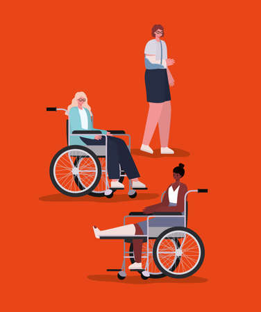 disability women cartoons with wheelchair and cast of Inclusion diversity and health care theme Vector illustrationのイラスト素材