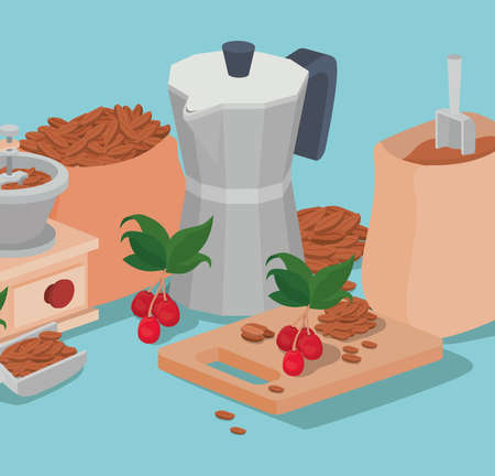 coffee moka pot bag grinder beans berries and leaves design of drink caffeine breakfast and beverage theme Vector illustrationのイラスト素材