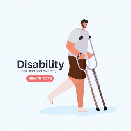 disability man cartoon with leg cast and crutches of Inclusion diversity and health care theme Vector illustrationのイラスト素材
