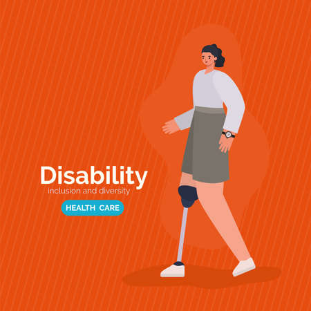 disability woman cartoon with leg prosthesis of Inclusion diversity and health care theme Vector illustrationのイラスト素材