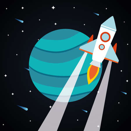 Space rocket in front of planet on starry background of futuristic and cosmos theme Vector illustrationのイラスト素材