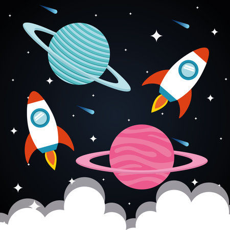 Space rockets with planets on starry background of futuristic and cosmos theme Vector illustration