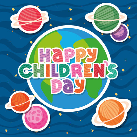 Happy childrens day with world and planets design, International celebration theme Vector illustrationのイラスト素材